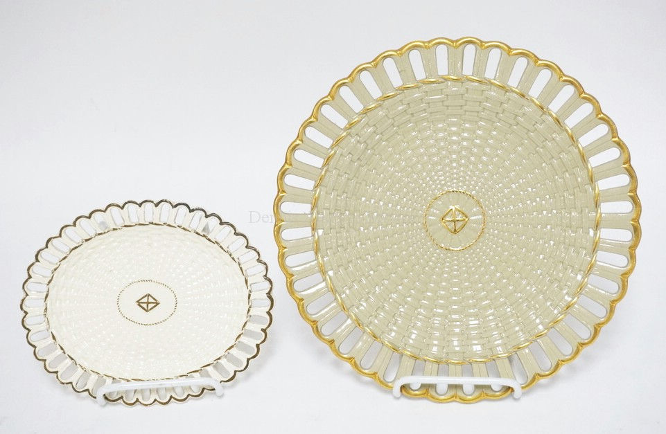1228_2 PIECES OF ANTIQUE QUEENS WARE. EACH WITH A BASKET WEAVE PATTERN AND RETIC