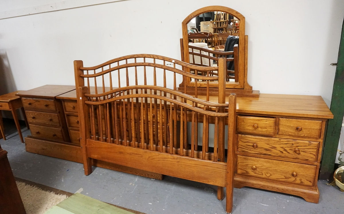 1177_4 PIECE OAK BEDROOM SET. TWO 3 DRAWER CHESTS, LONG CHEST WITH MIRROR, AND A