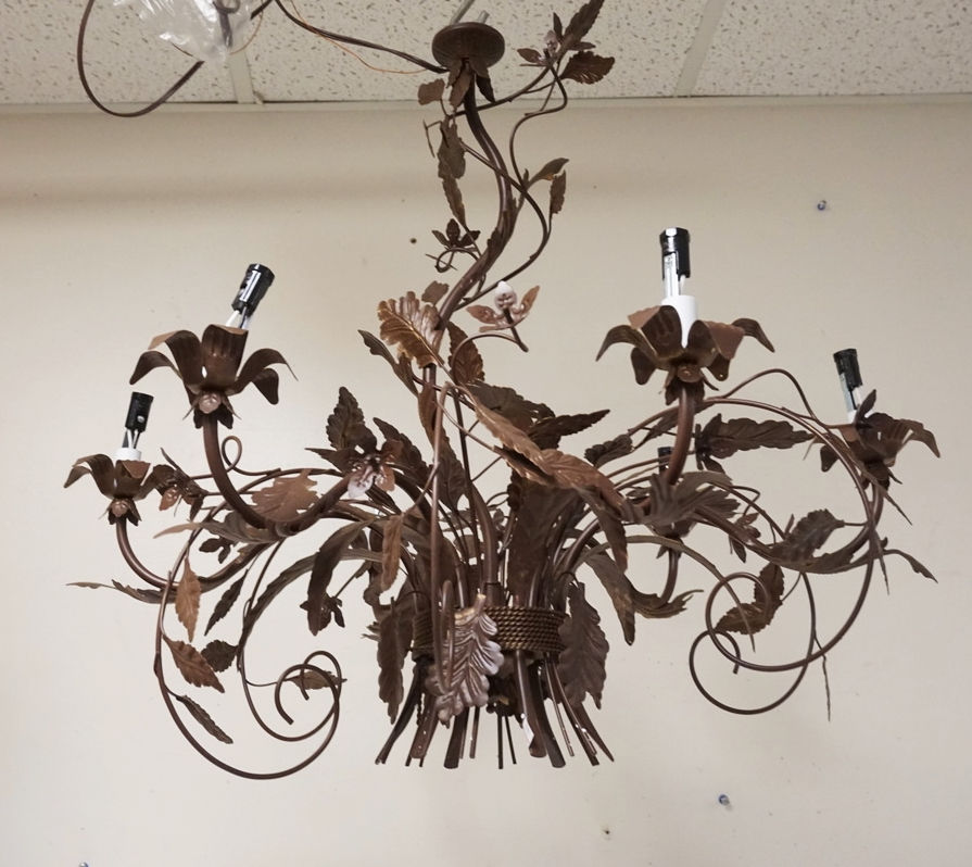 WROUGHT METAL CHANDELIER. LEAF AND FLOWER MOTIF.
