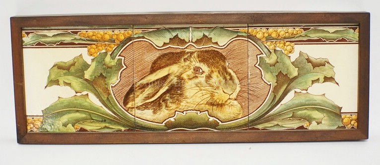 SET OF 3 TILES WITH WITH THE IMAGE OF A RABBIT WITH FOLIATE & BERRIES. FRAMED. 1