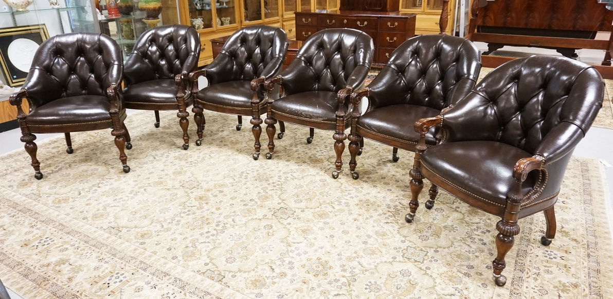 SET OF 6 TUFFTED BACK LEATHER ARM CHAIRS. WITH LEATHER WEAR ON SOME OF THE CHAIR