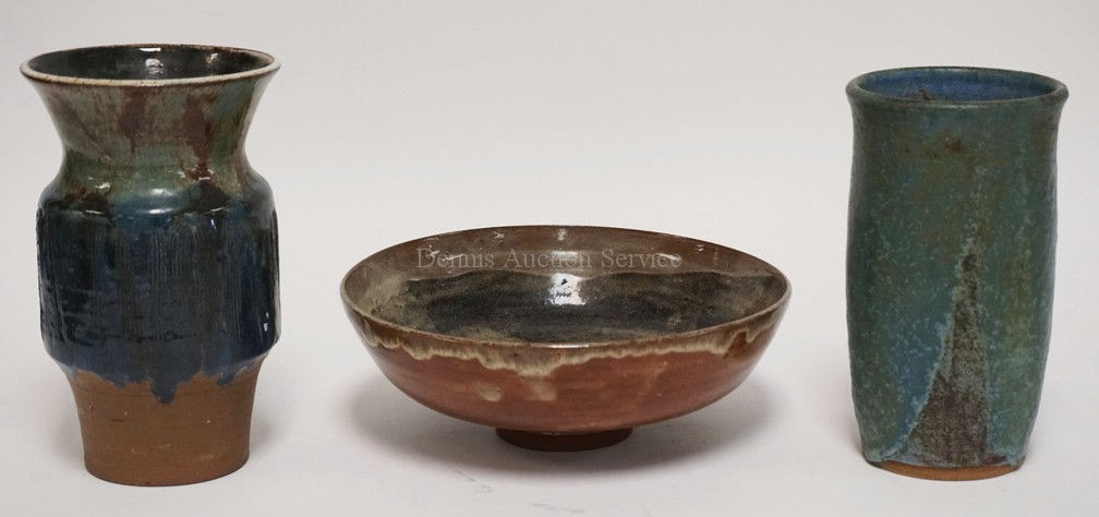 3 PIECES OF MODERN ART POTTERY. 2 VASES AND A BOWL. EACH APPEARS TO BE SIGNED BY