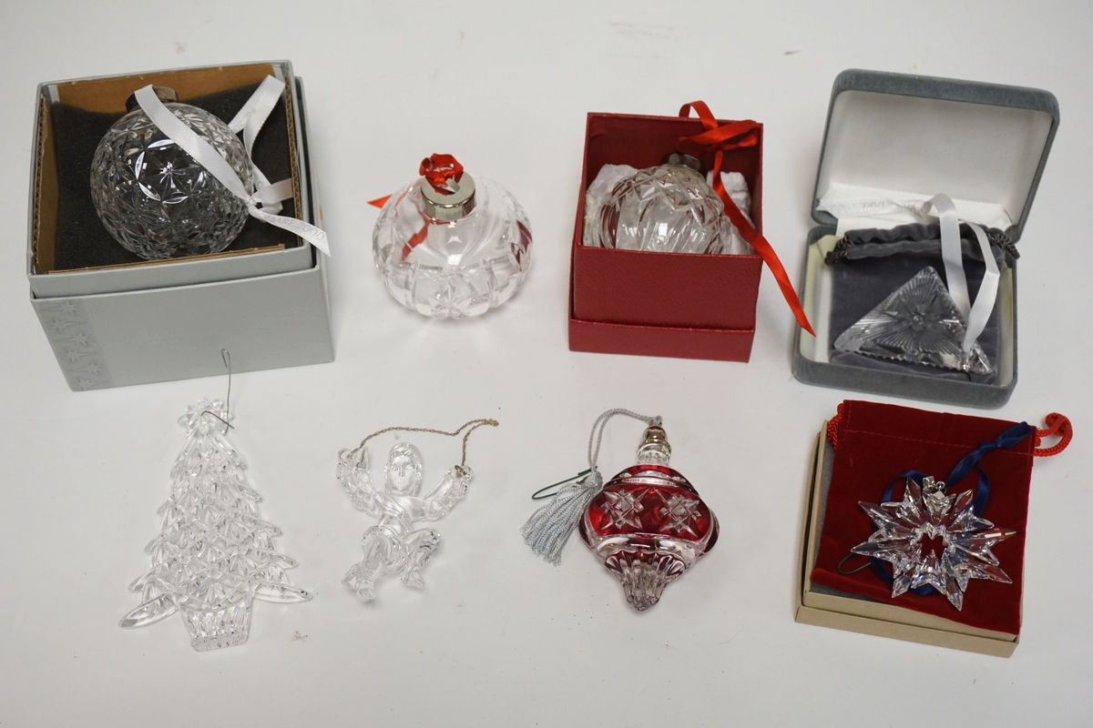 8 CRYSTALCHRISTMAS ORNAMENTS. 6 WATERFORD, 1 SWAROVSKI, AND 1 LENOX.