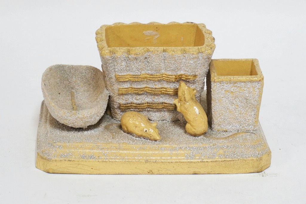 ANTIQUE SAND GLAZED YELLOW WARE SMOKING STAND WITH 2 FIGURES OF MICE (ONE MISSIN