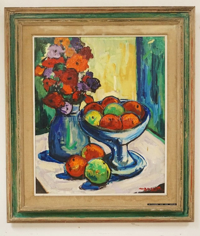 1011_MAXIM BUGZESTER (1910-1978) *FLOWERS AND RED APPLES* STILL LIFE OIL PAINTIN