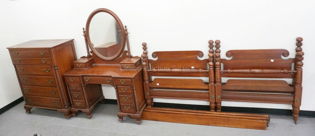 4 PIECE WILLETT *WILDWOOD CHERRY* BEDROOM SET WITH SPIRAL CARVED COLUMNS. HIGH C
