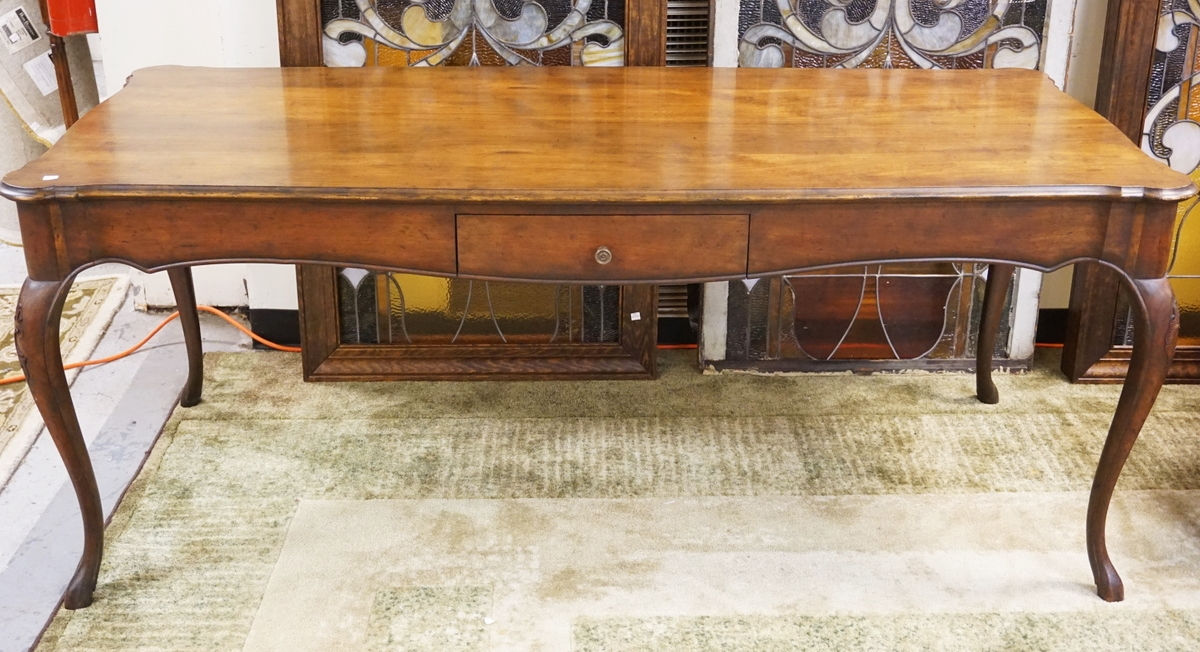 BAKER FURNITURE WALNUT HARVEST TABLE WITH ONE DRAWER. 7 1 X 31 INCH TOP. 29 1/2