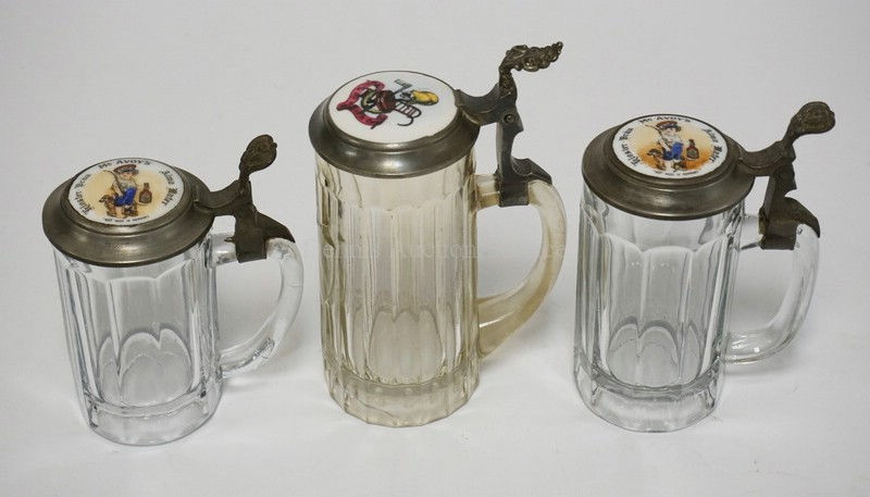 LOT OF 3 GLASS STEINS. EACH WITH DECORATED PORCELAIN LIDS. TWO FOR *MCAVOY'S* BE