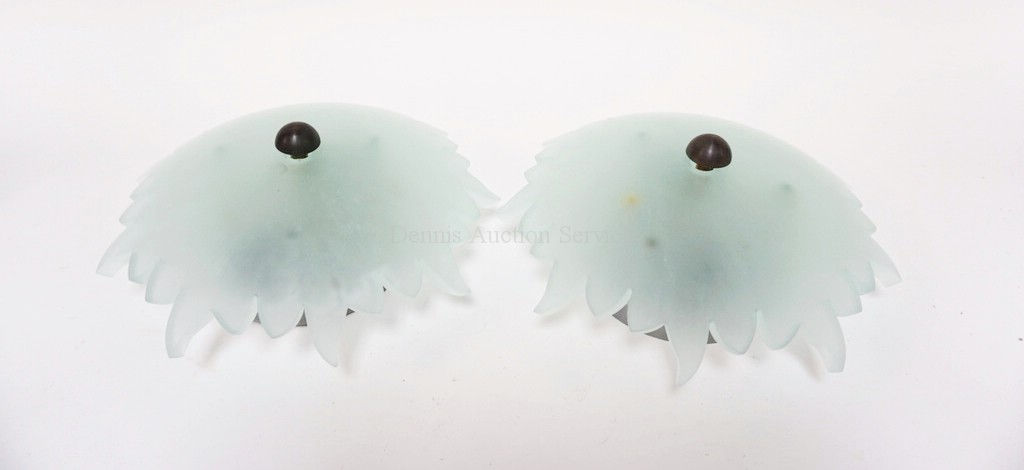 PAIR OF DUNSFORD PASTEL GREEN FROSTED CEILING LIGHTS. 9 1/4 IN DIA