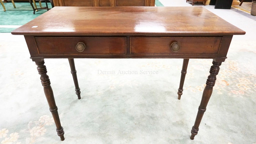 1219_ANTIQUE MAHOGANY 2 DRAWER WRITING TABLE WITH TURNED LEGS. 38 INCHES WIDE. 3