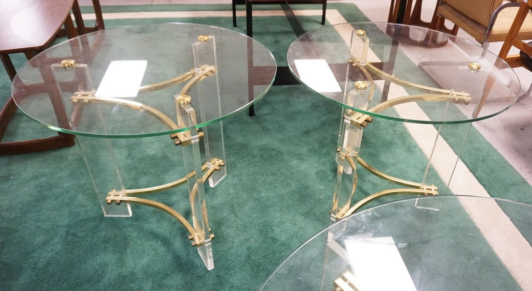 PAIR OF CHARLES HOLLIS JONES MODERN LAMP TABLES WITH BRASS AND LUCITE BASES AND