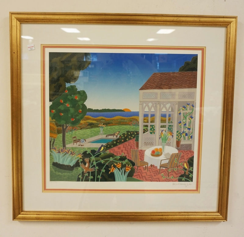 THOMAS MCKNIGHT PENCIL SIGNED PRINT OF A TROPICAL SUNRISE WITH BIRDS AND FLOWERS