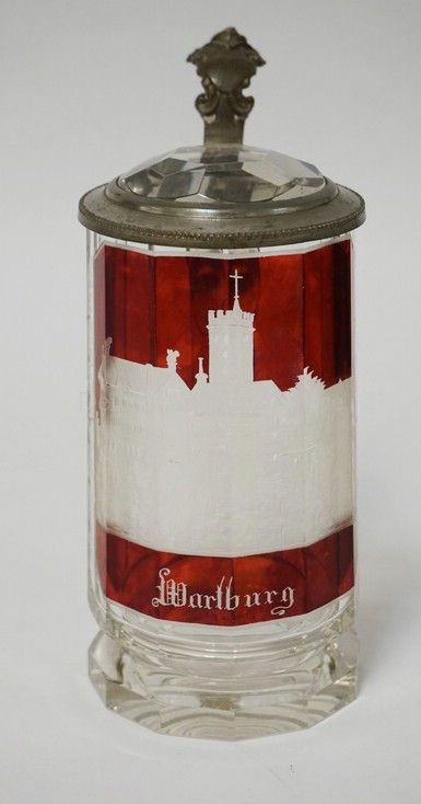 ANTIQUE RUBY STAINED AND CUT GLASS STEIN FEATURING A WHEEL CUT IMAGE OF WARTBURG