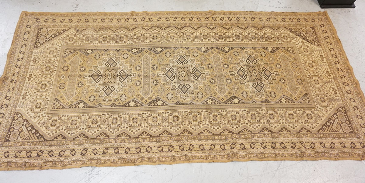 TAPESTRY MEASURING. 9 FT 4 X 4 FT 6 INCHES. HAS WEAR AND TACK HOLES.