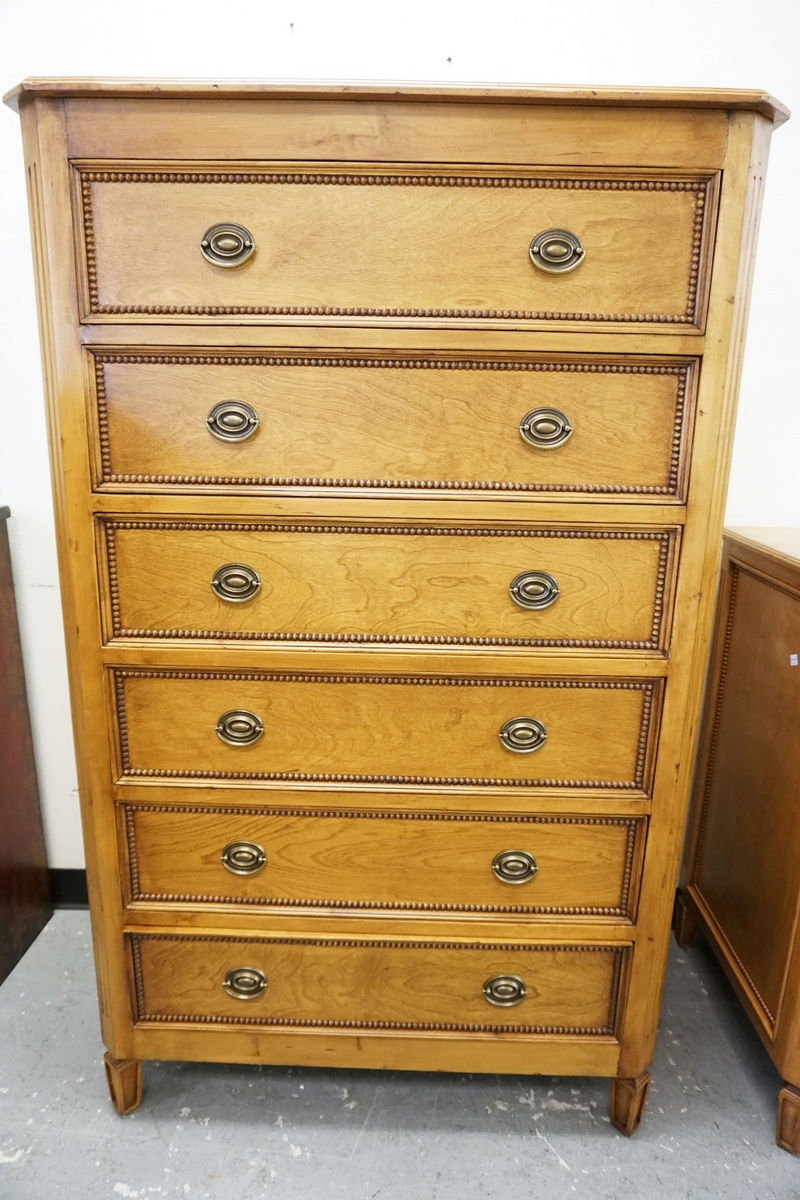HIGH CHEST OF DRAWERS WITH 6 DRAWERS AND BEADED TRIM. 58 INCHES HIGH. 36 INCHES