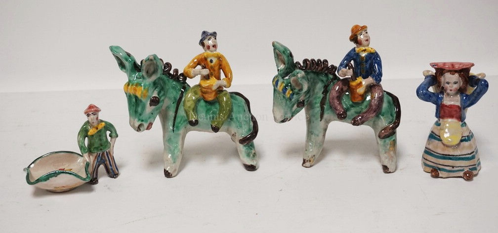 LOT OF 4 FIGURAL ITALIAN POTTERY FIGURES. TALLEST IS 5 1/4 INCHES.