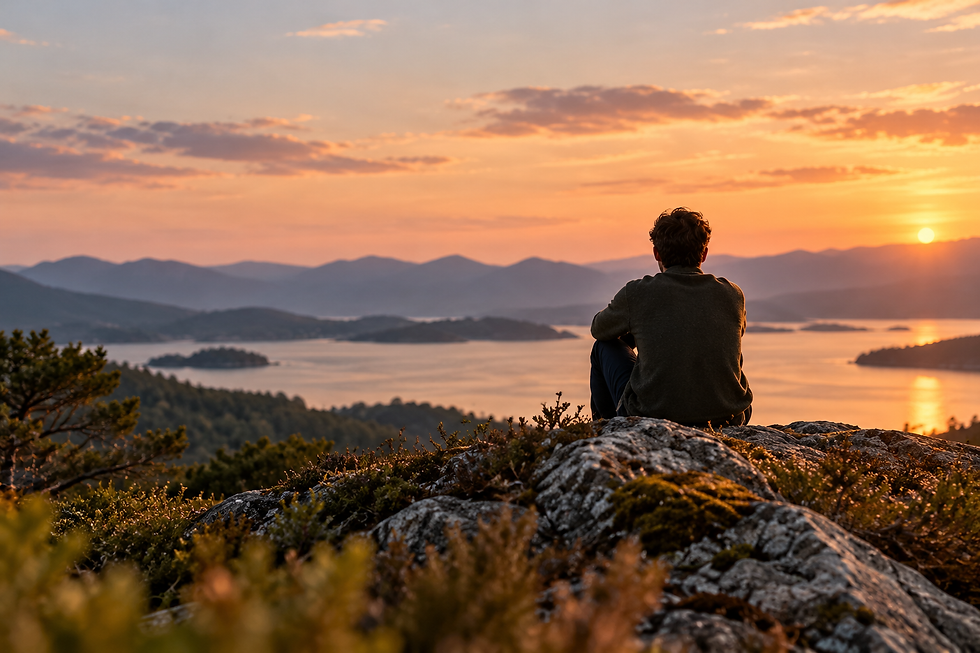 A person sitting on a rocky hillside overlooking a lake and distant mountains at sunset, reflecting quietly on the view.