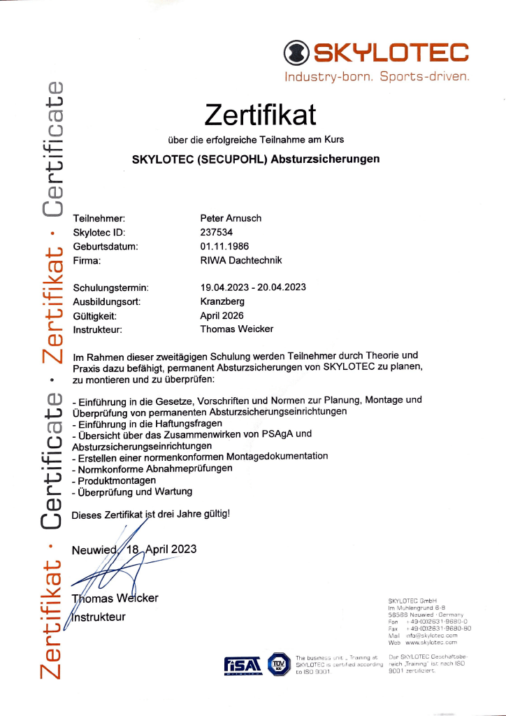 Skylotec Zertifikat: Ausbildungsnachweis für Peter Bräunlich, April 2015