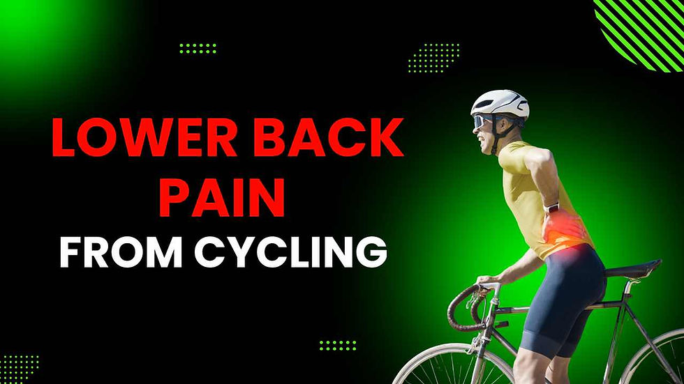 Lower back pain from cycling hero image - Man holding his back while on bike with red circle around the pain area