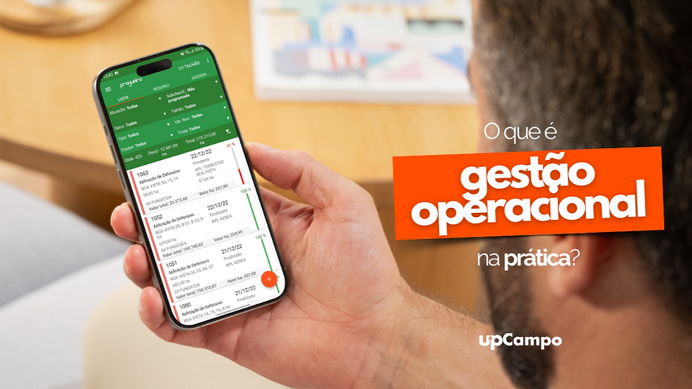 Homem segura celular exibindo app verde e branco. Texto ao lado: "O que é gestão operacional na prática?" no fundo desfocado.