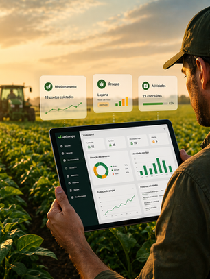 Homem em campo ao entardecer utiliza tablet para monitorar dados de plantação. Trator ao fundo. Texto mostra gráficos e progresso.