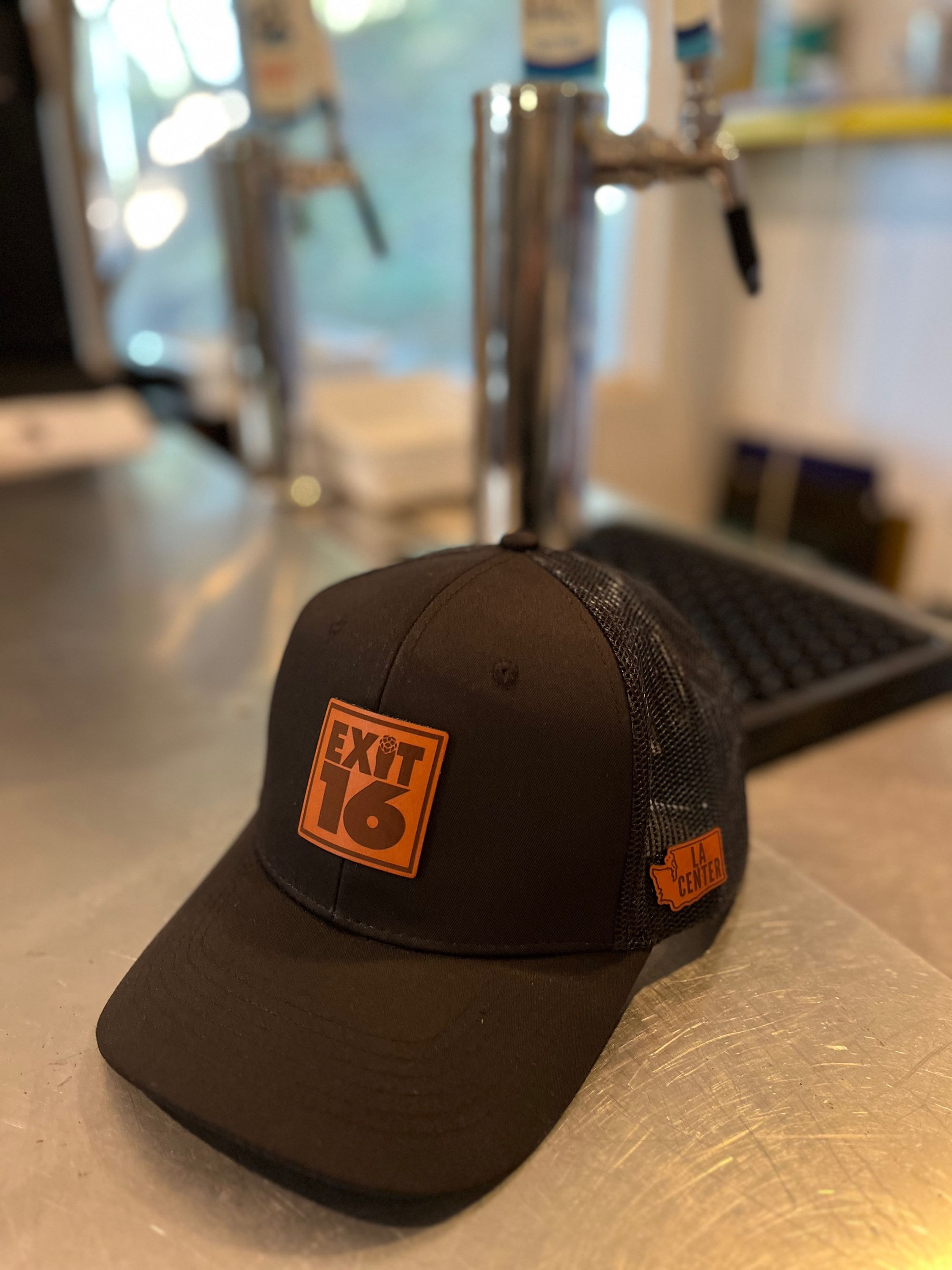 Exit 16 black leather patch snapback hat/cap