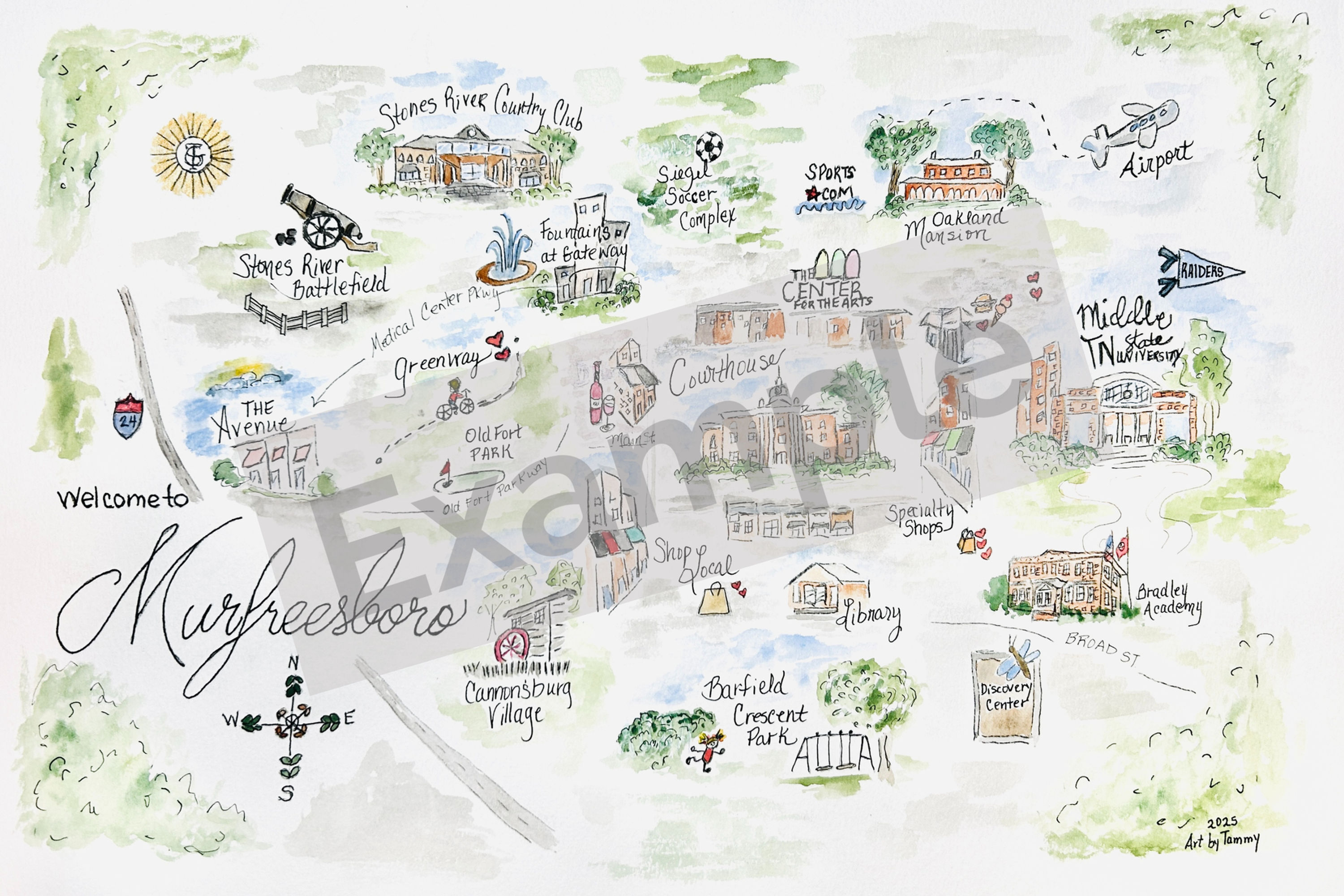 Custom Watercolor Map - Hand Painted