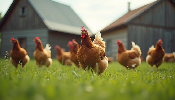 Eye-level view of a small hobby farm with chickens roaming freely in a green pasture