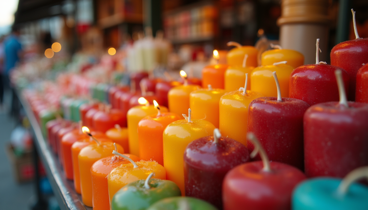 High angle view of colorful handmade candles arranged on a market stall