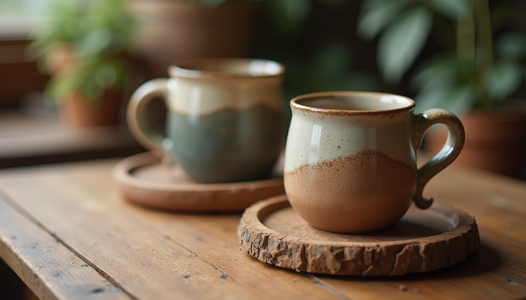 Close-up view of handcrafted ceramic mugs on a wooden table