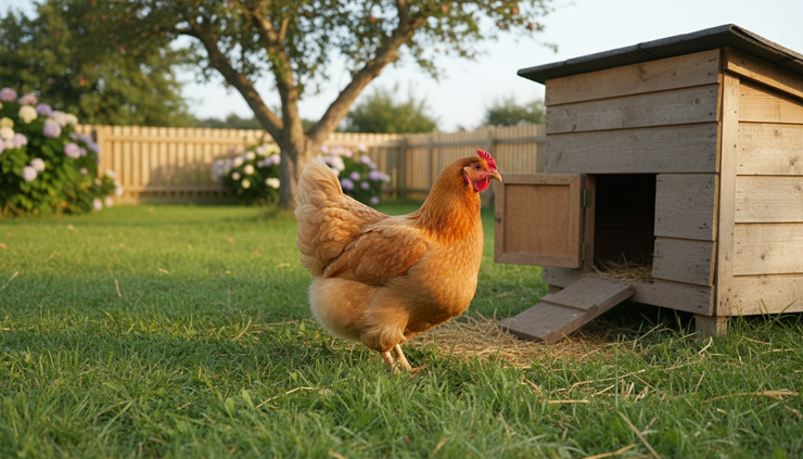 Eye-level view of a buff Orpington chicken standing in a grassy backyard run