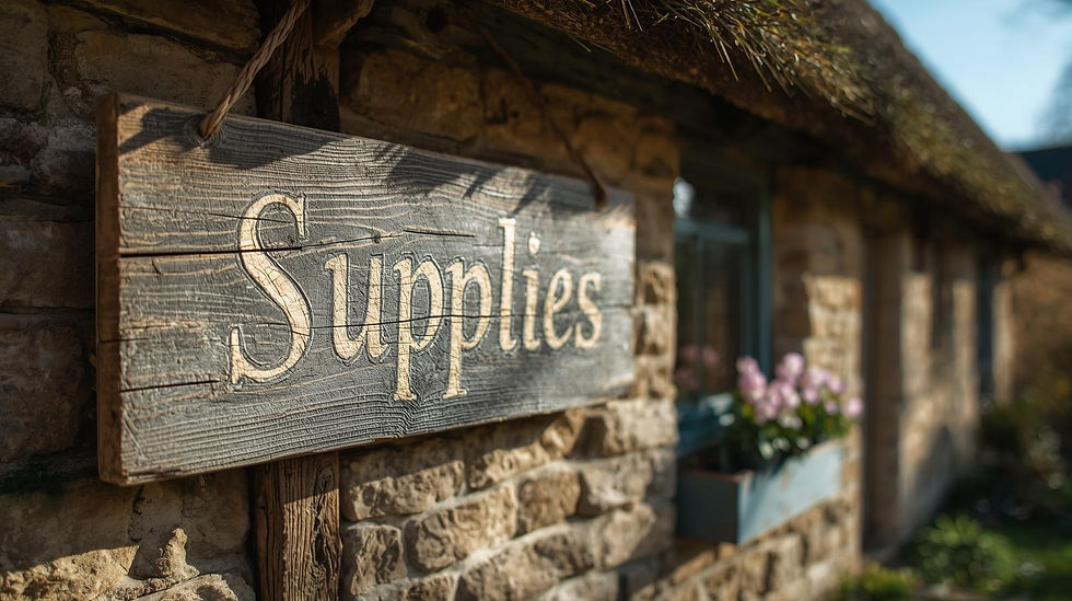 Barn sign that says supplies outside a little cottage.jpg