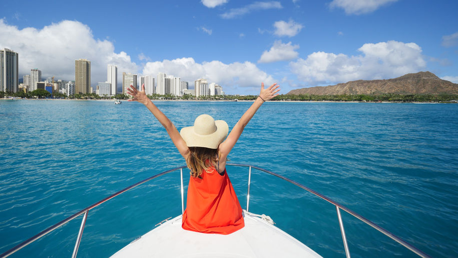 View of Diamond Head from Ocean Therapy boat during a scenic charter in Waikiki