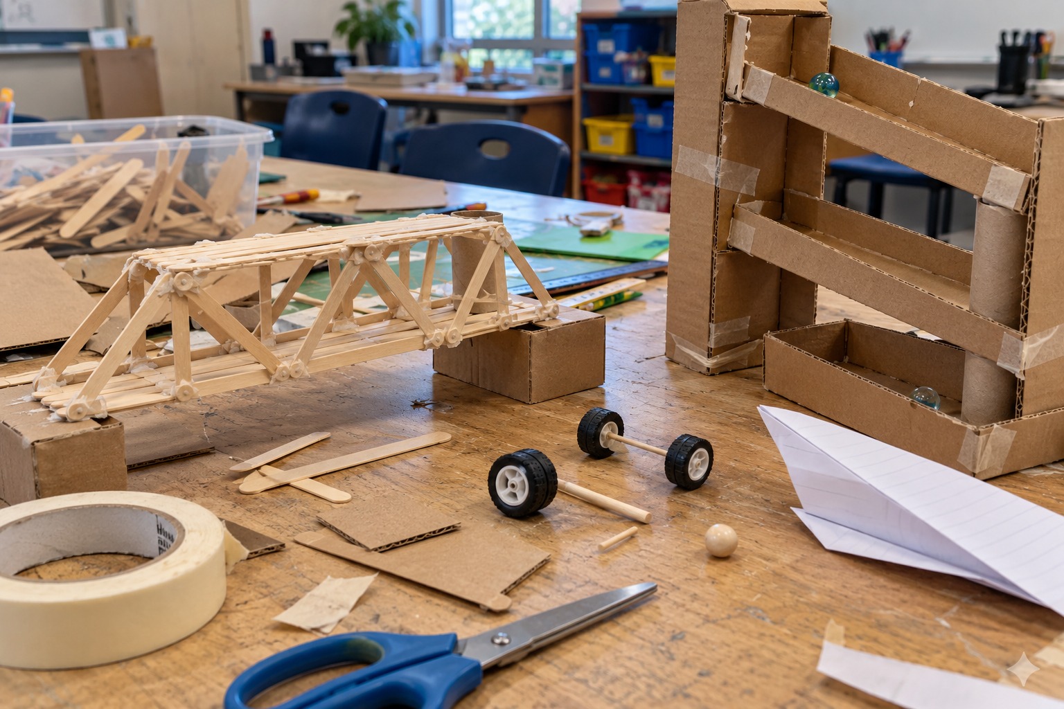A craft-stick bridge, cardboard marble run, and building supplies