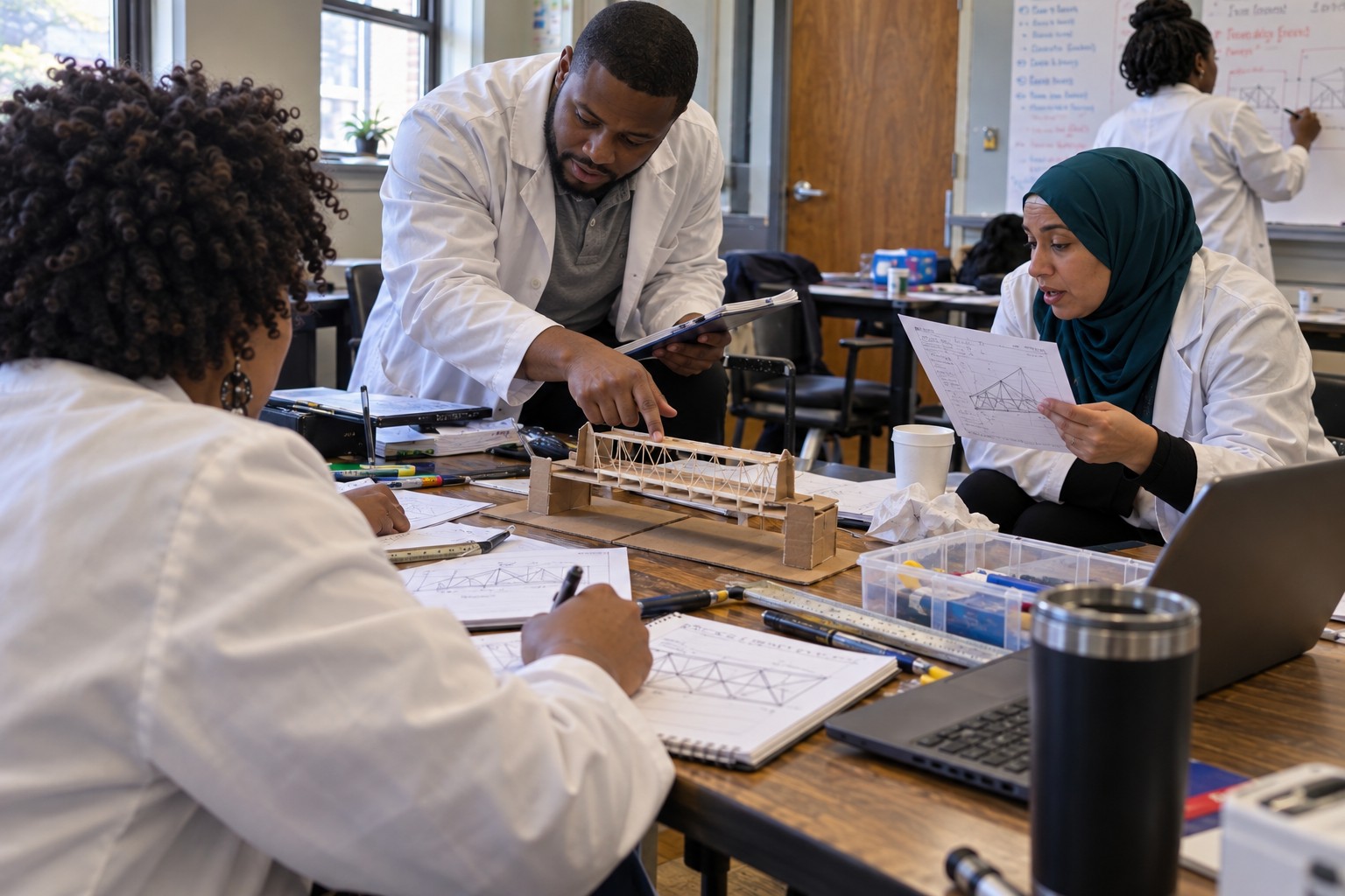 Educators planning a STEAM project with curriculum notes and a cardboard model