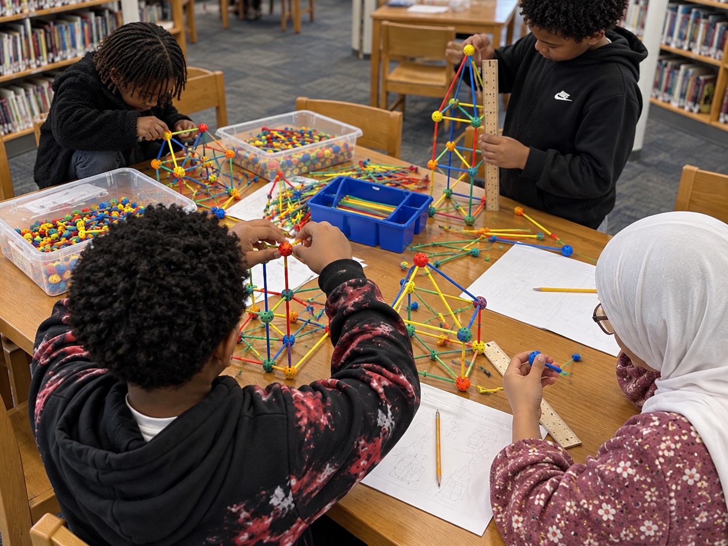Children building and measuring geometric towers, viewed from above