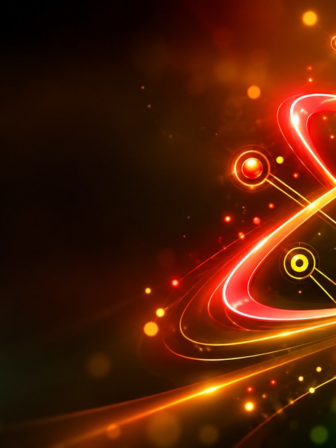 Glowing coral, gold, and green atom surrounded by circuit traces