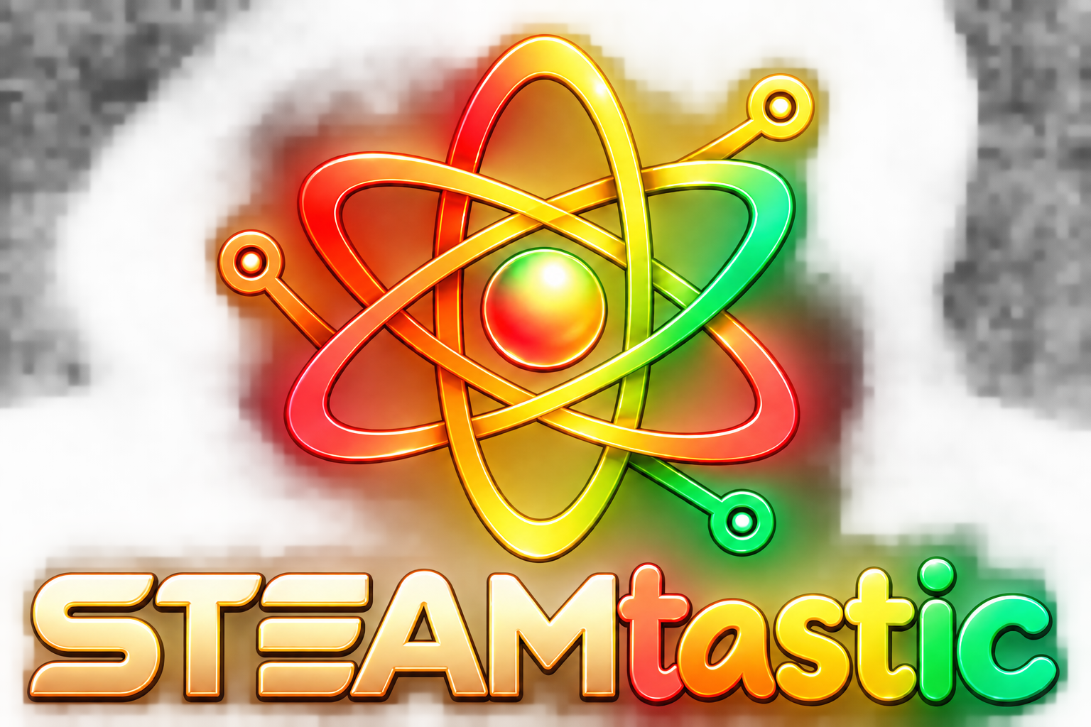 STEAMtastic atom logo in coral, gold, and green