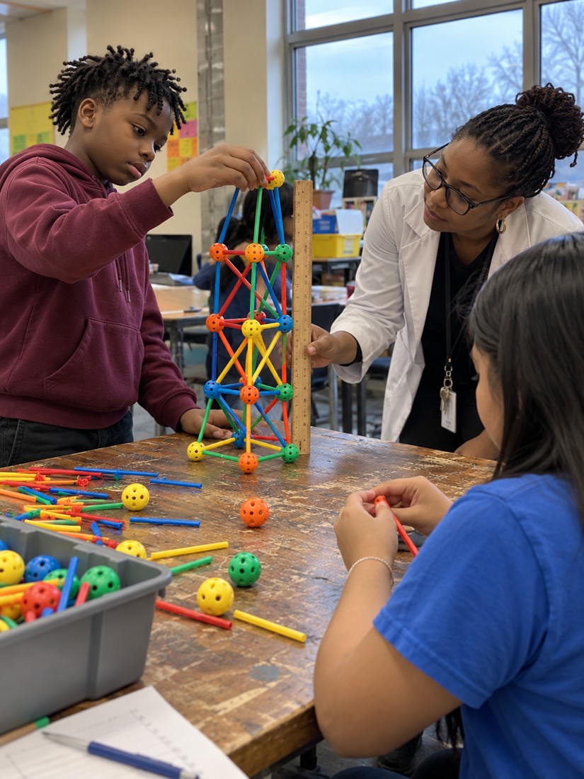 Students measuring a tower built from rods and connector balls