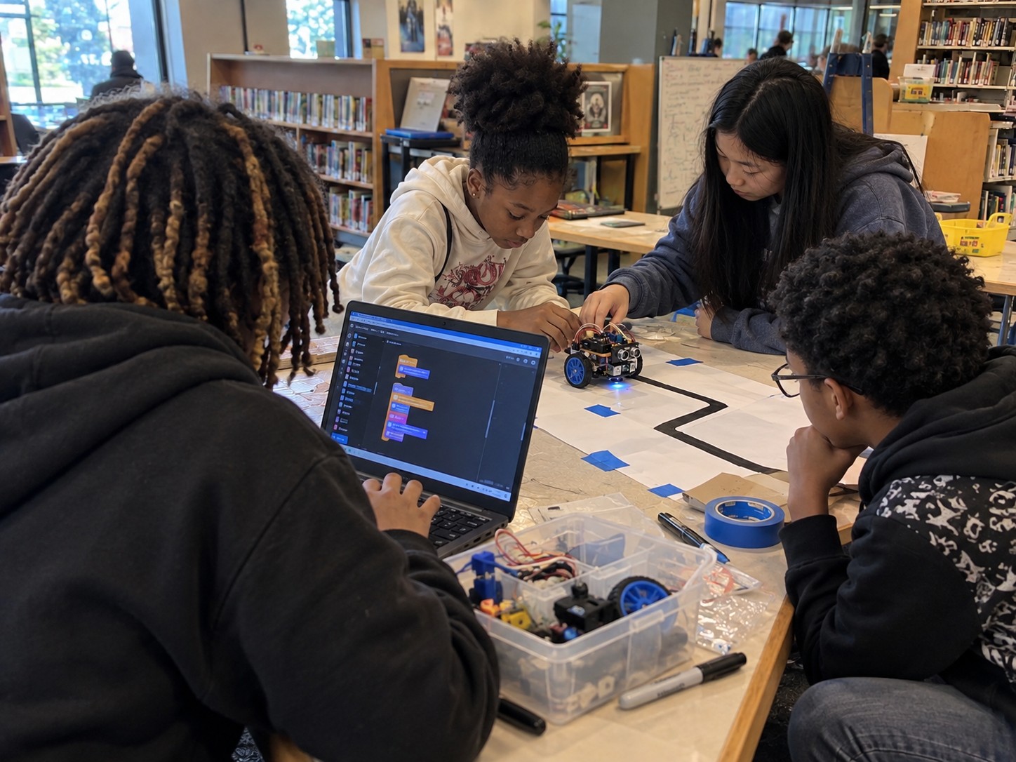 Students programming and testing a wheeled robot in a library makerspace
