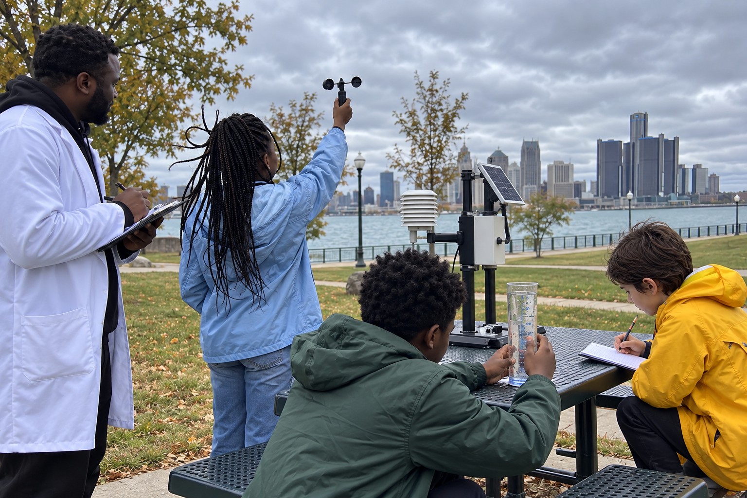 Students measuring wind and rainfall at a park weather station