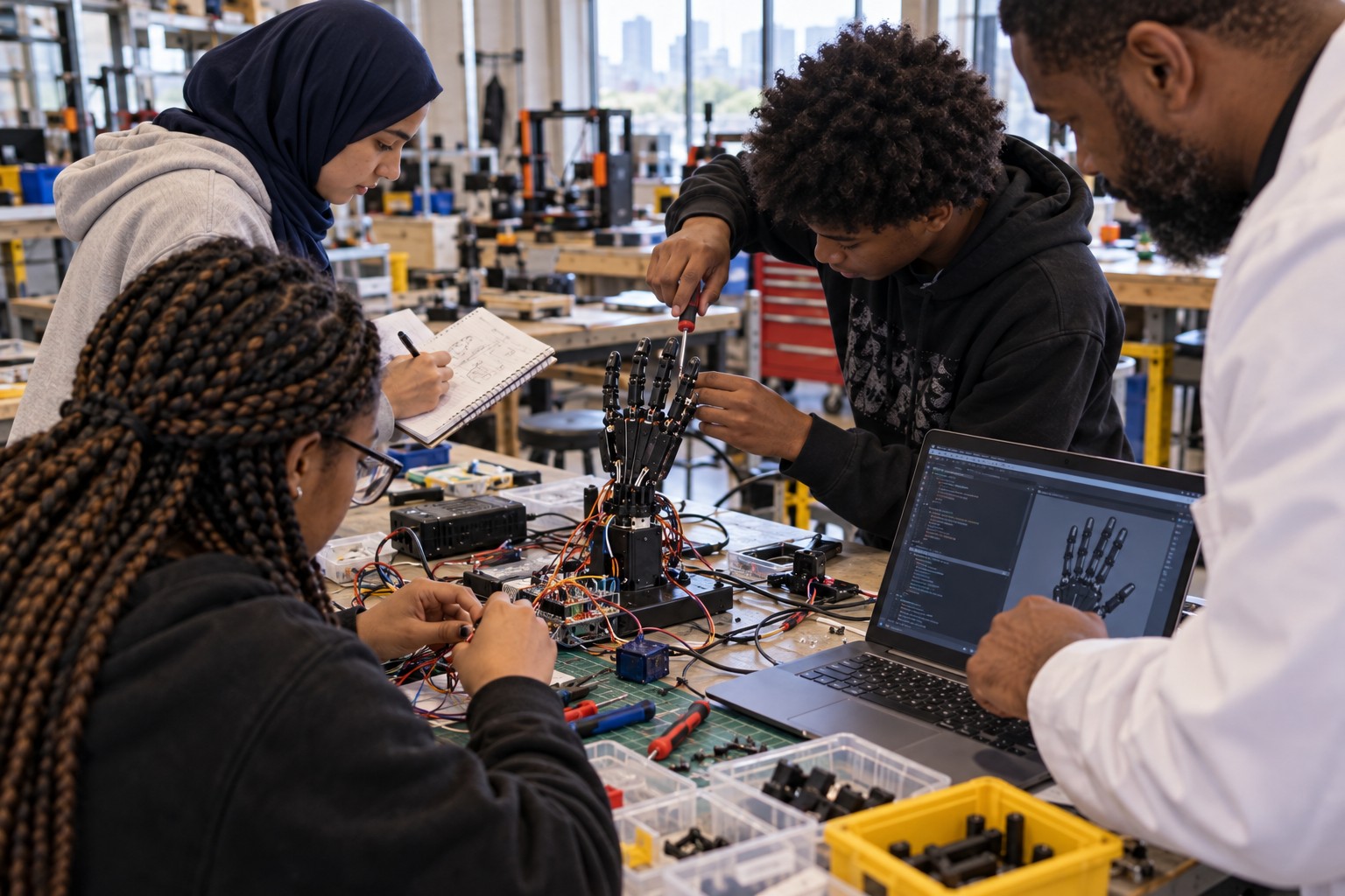 High school students building and testing a robotic hand