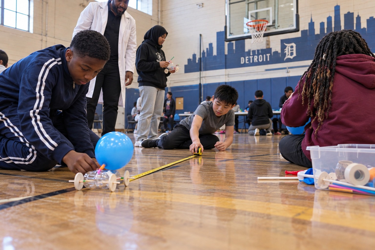 Students testing a balloon-powered car on a gym floor