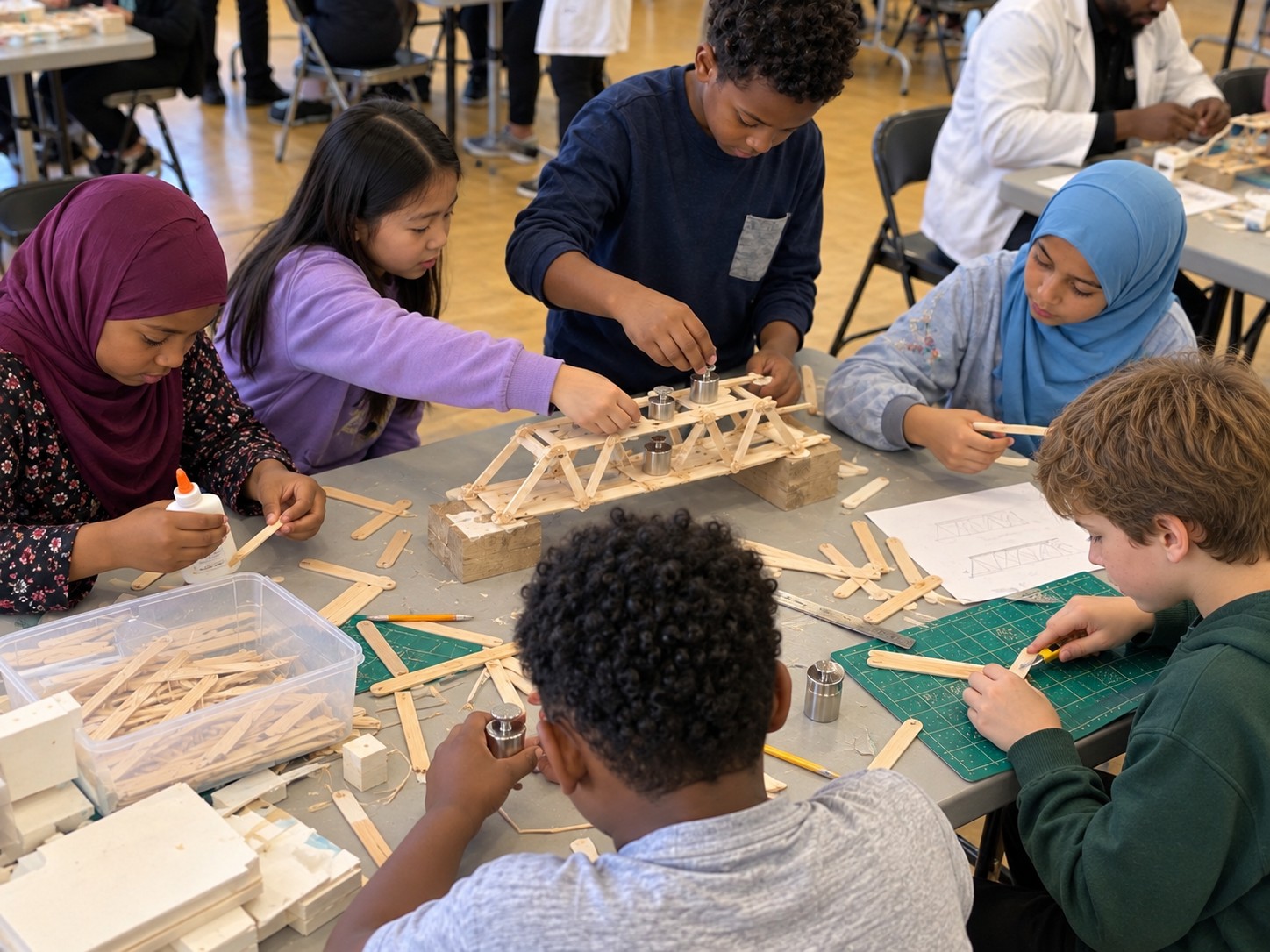 Six children working together on a craft-stick bridge at a community STEAM event