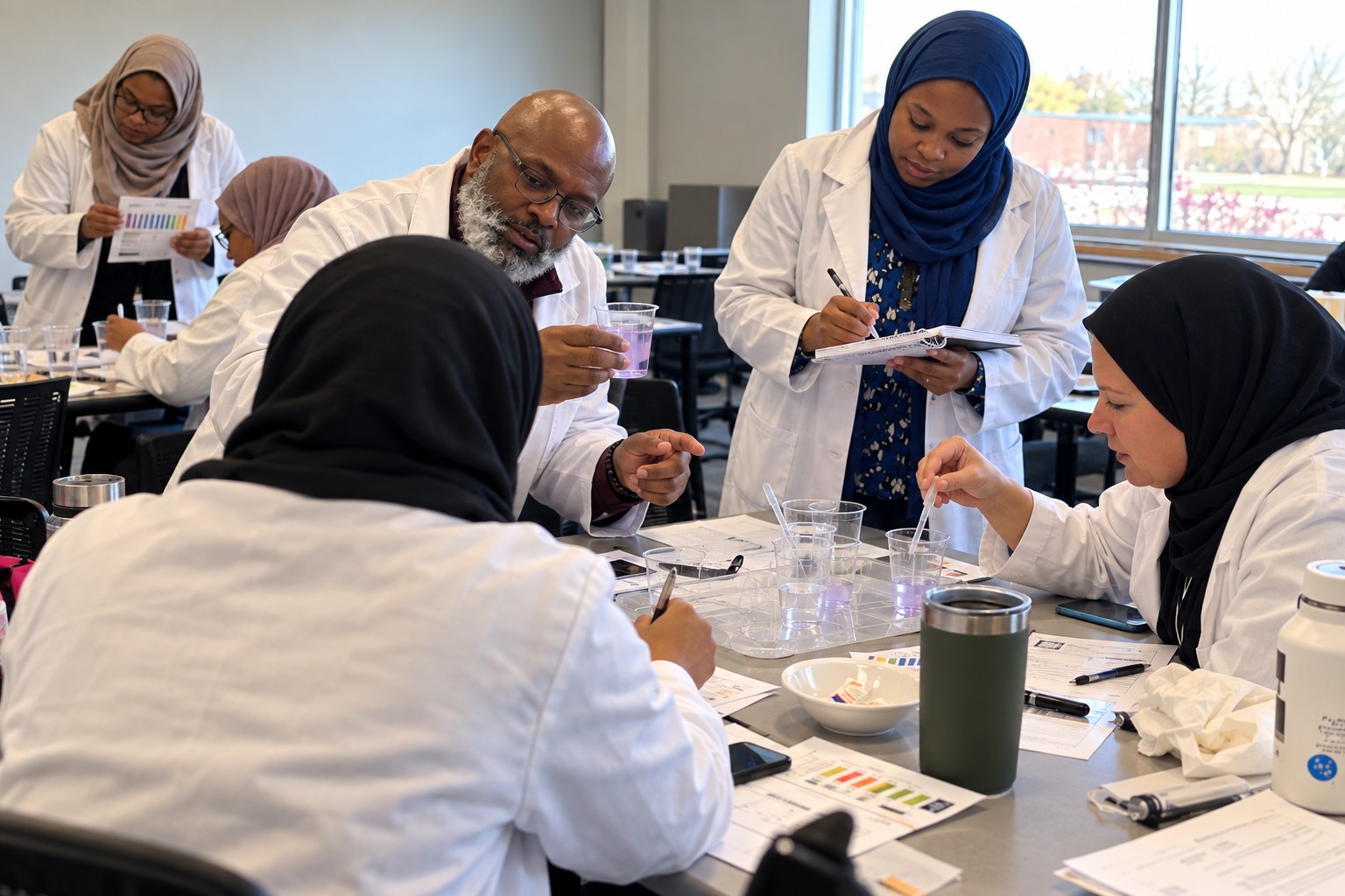 Educators investigating an experiment and discussing their observations