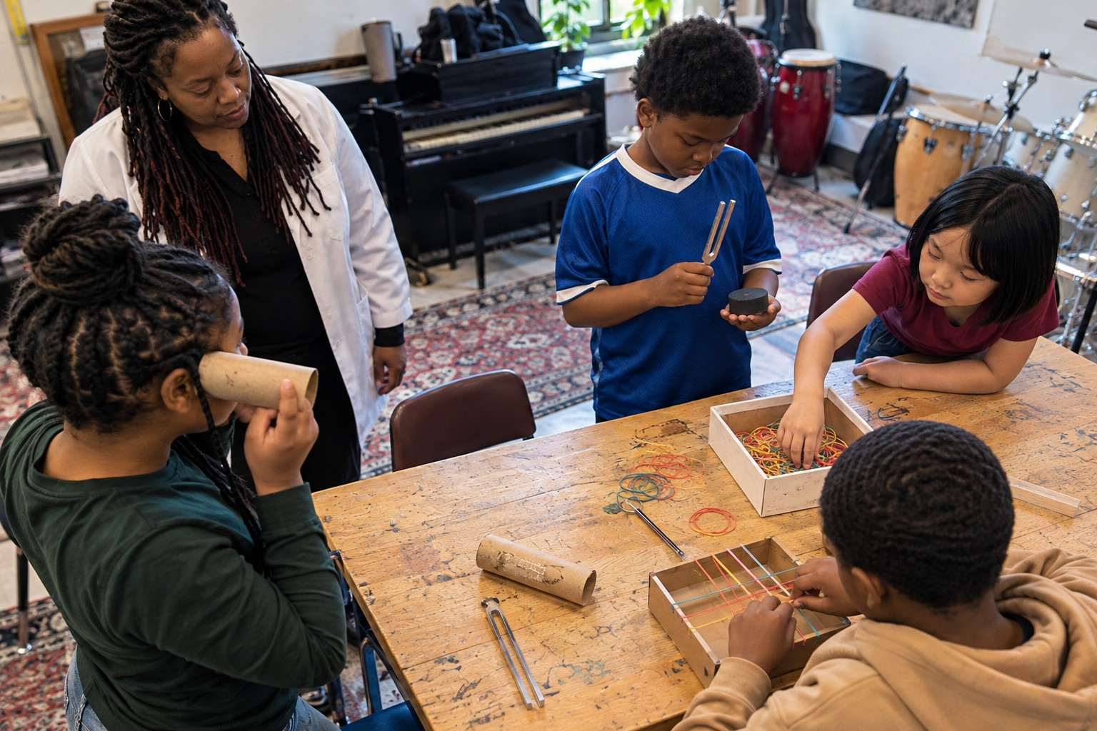Children experimenting with rubber-band instruments and a tuning fork