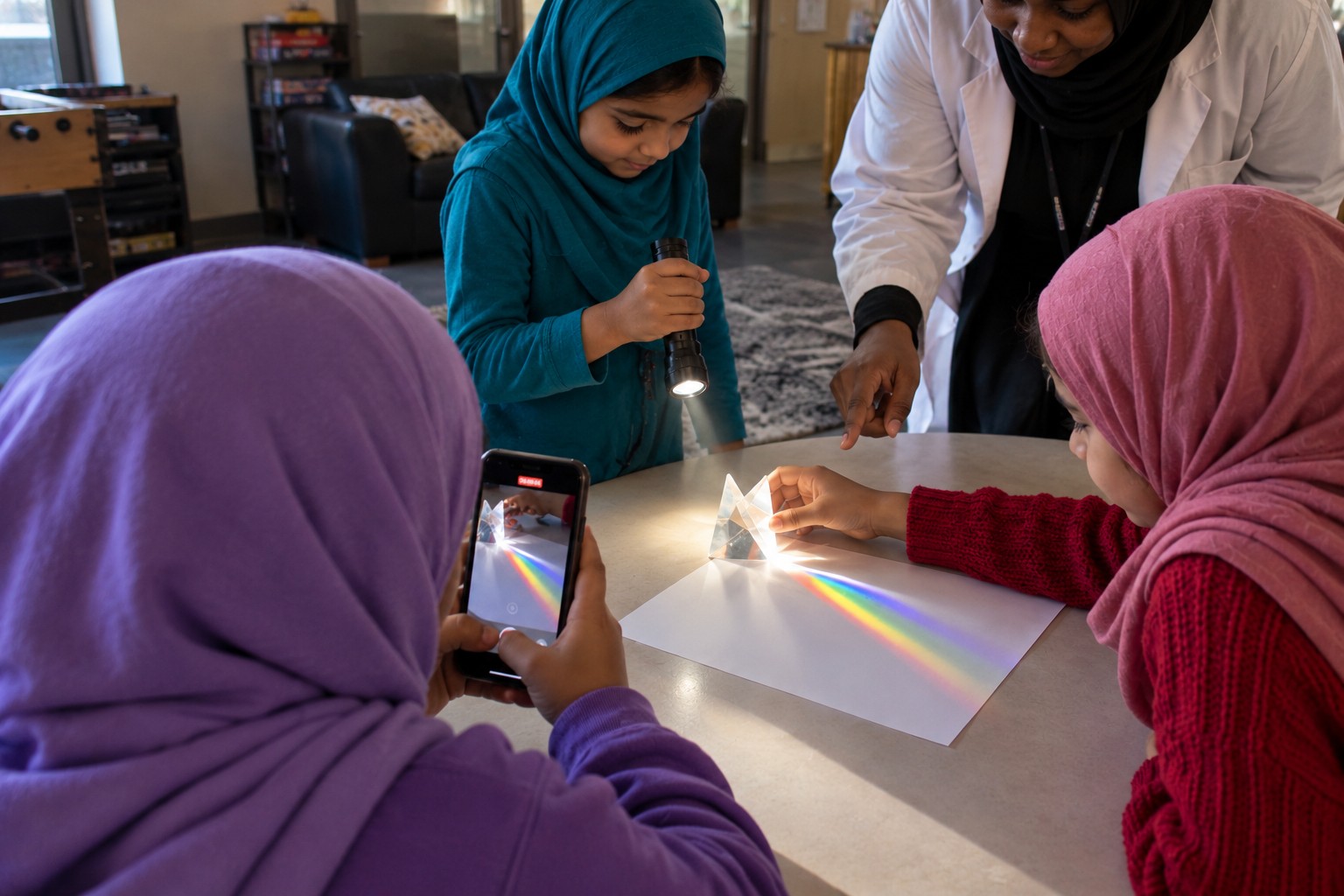 Three girls experimenting with a flashlight and prism in a recreation room