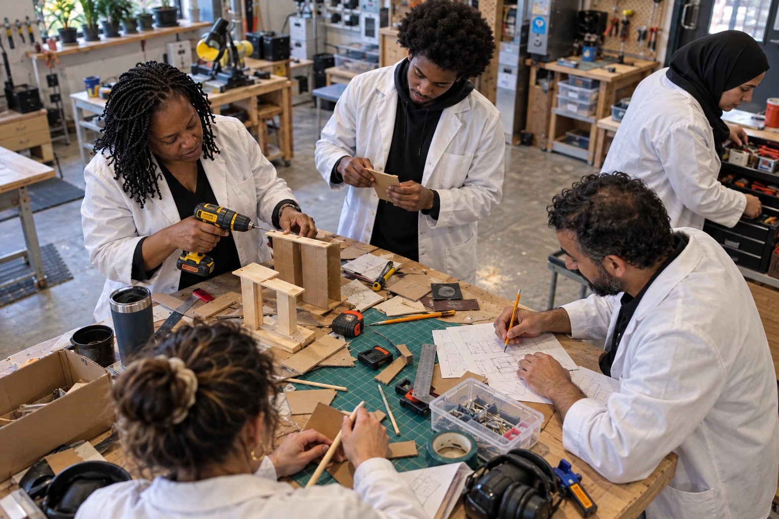 Educators sharing tools and revising a maker project together