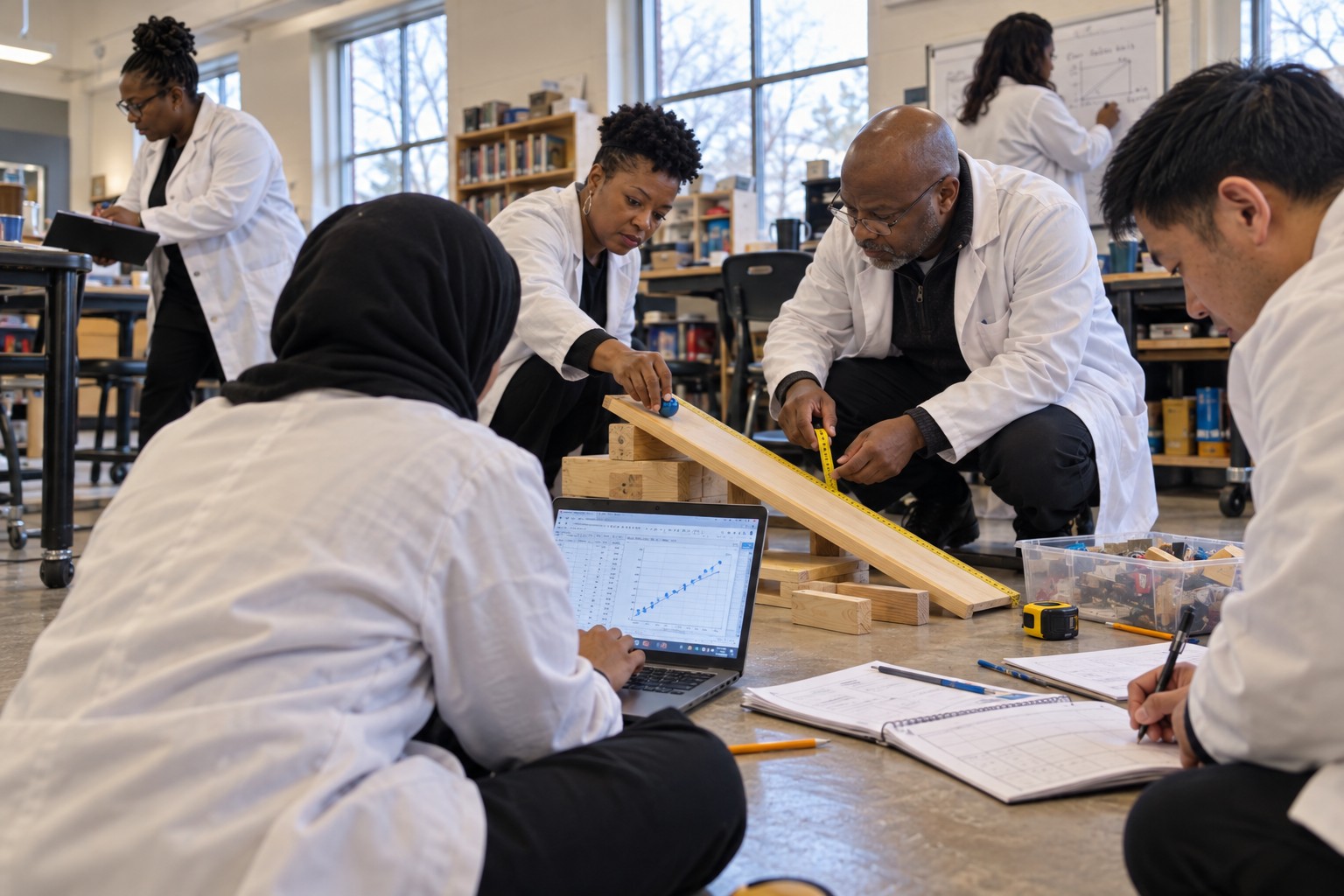Educators measuring a ramp and modeling their data on a laptop