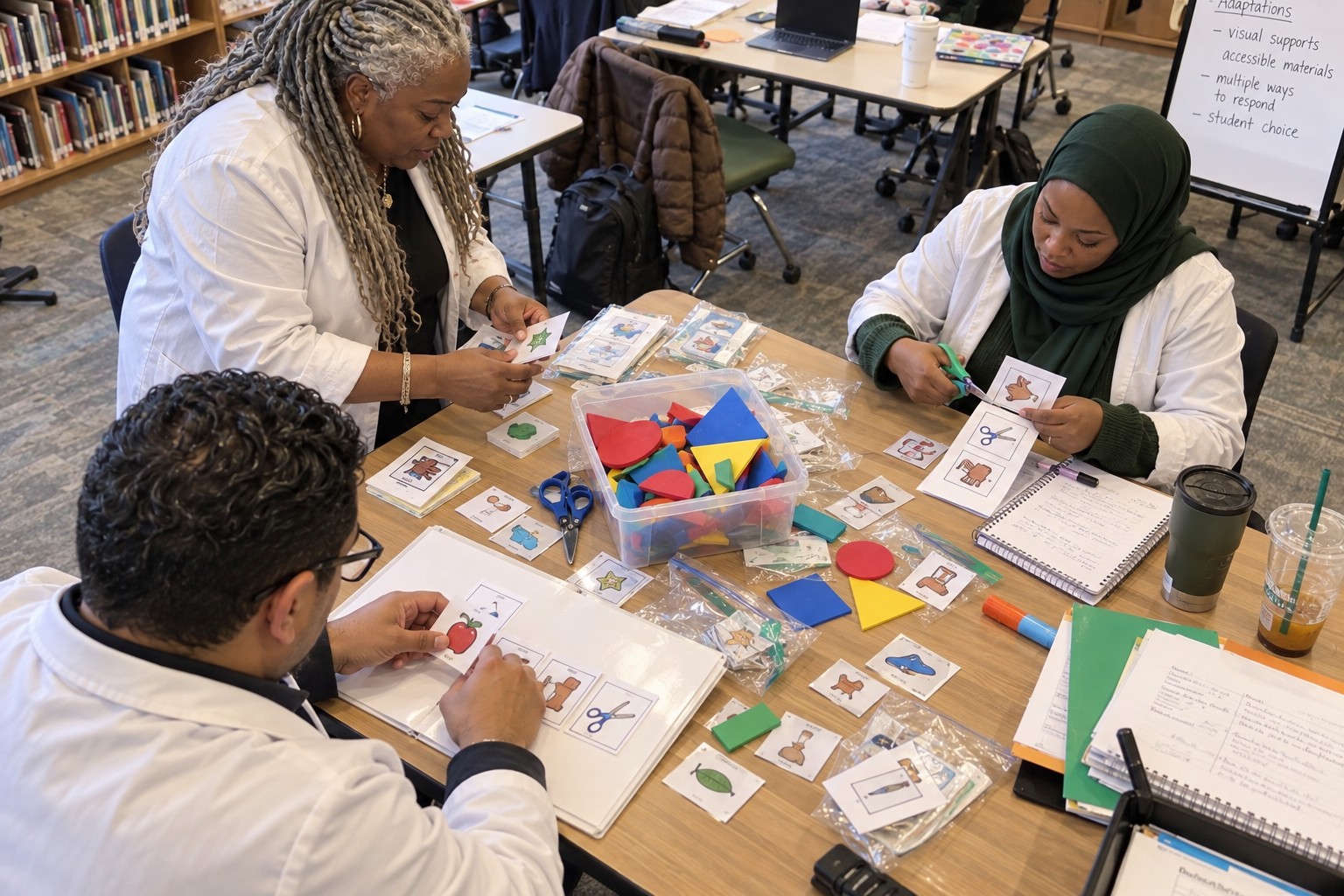 Educators adapting an activity with visual directions and accessible materials